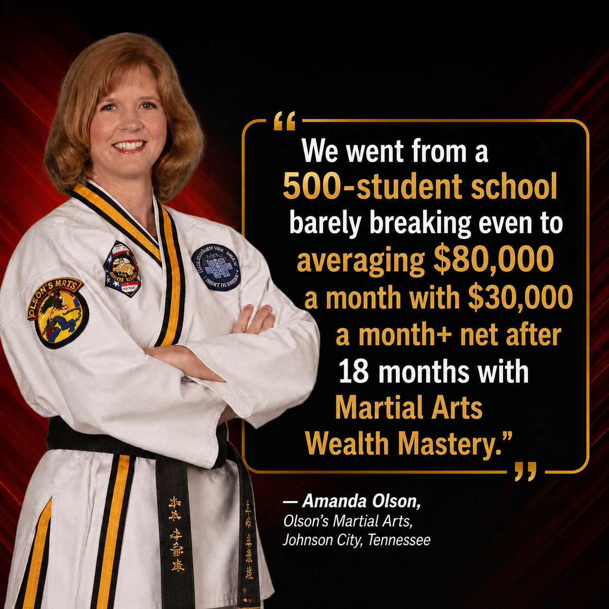 Amanda Olson testimonial for Stephen Oliver's Martial Arts Wealth Mastery